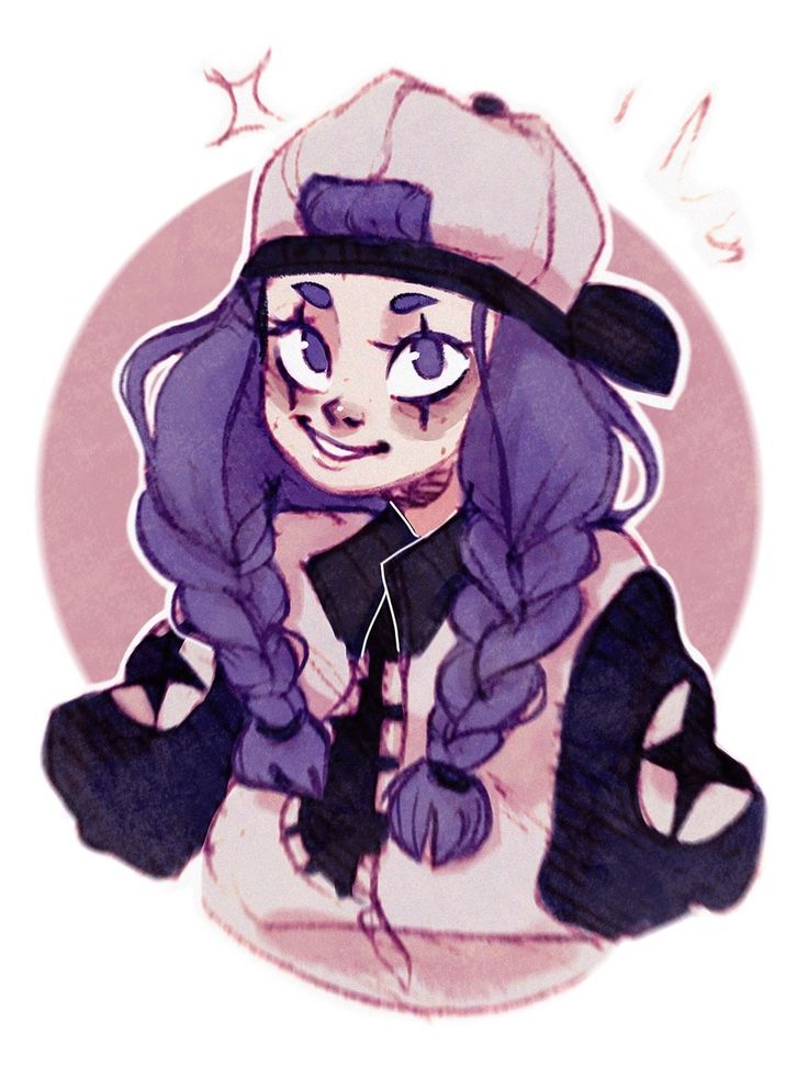 a cartoon drawing of a cute anime girl with purple hair in braids, wearing a hat. she is smiling and happy. the background is pink.