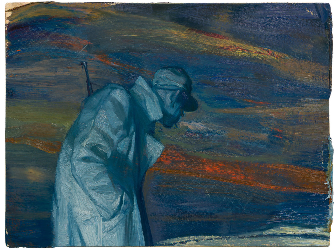 this is an oil painting of a soldier standing with a rifle, his head bowed.  the background is a swirling blue, orange, and brown reminiscent of smoke or a stormy sky. the entire piece is rendered in a cooltoned palette dominated by shades of blue.