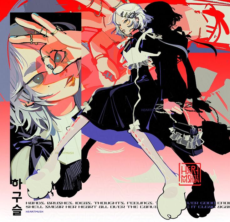 an animestyle illustration featuring a girl with short white hair and pale skin. she is wearing a black dress with white frills and ribbons. there's a stylized red background with abstract shapes and splashes. to her left, there's a closeup of her face and hands, with several rings on her fingers. her shadow is a solid black silhouette mimicking her pose. text is present at the bottom, along with a logo or signature.