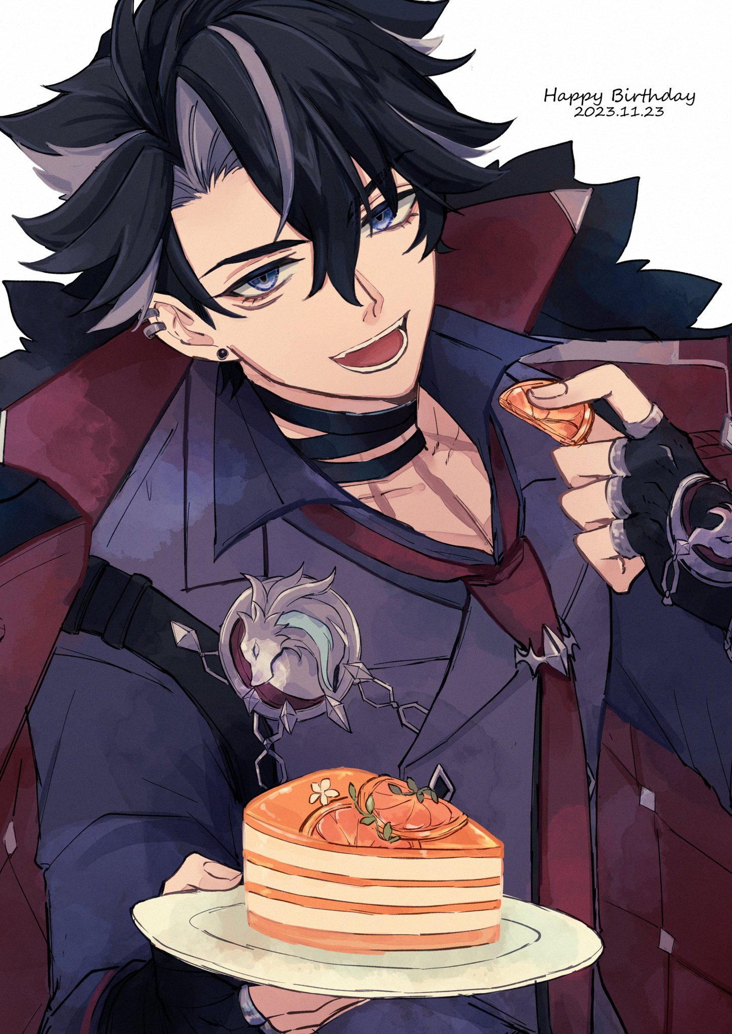 this is an anime style illustration of a male character. he has black hair, blue eyes, and is wearing a red tie. he has a big smile on his face. the image is set against a white background, with the text "happy birthday 2023.11.23" at the top.  the character is holding a plate with a piece of cake on it and appears to be giving it to someone offscreen.
