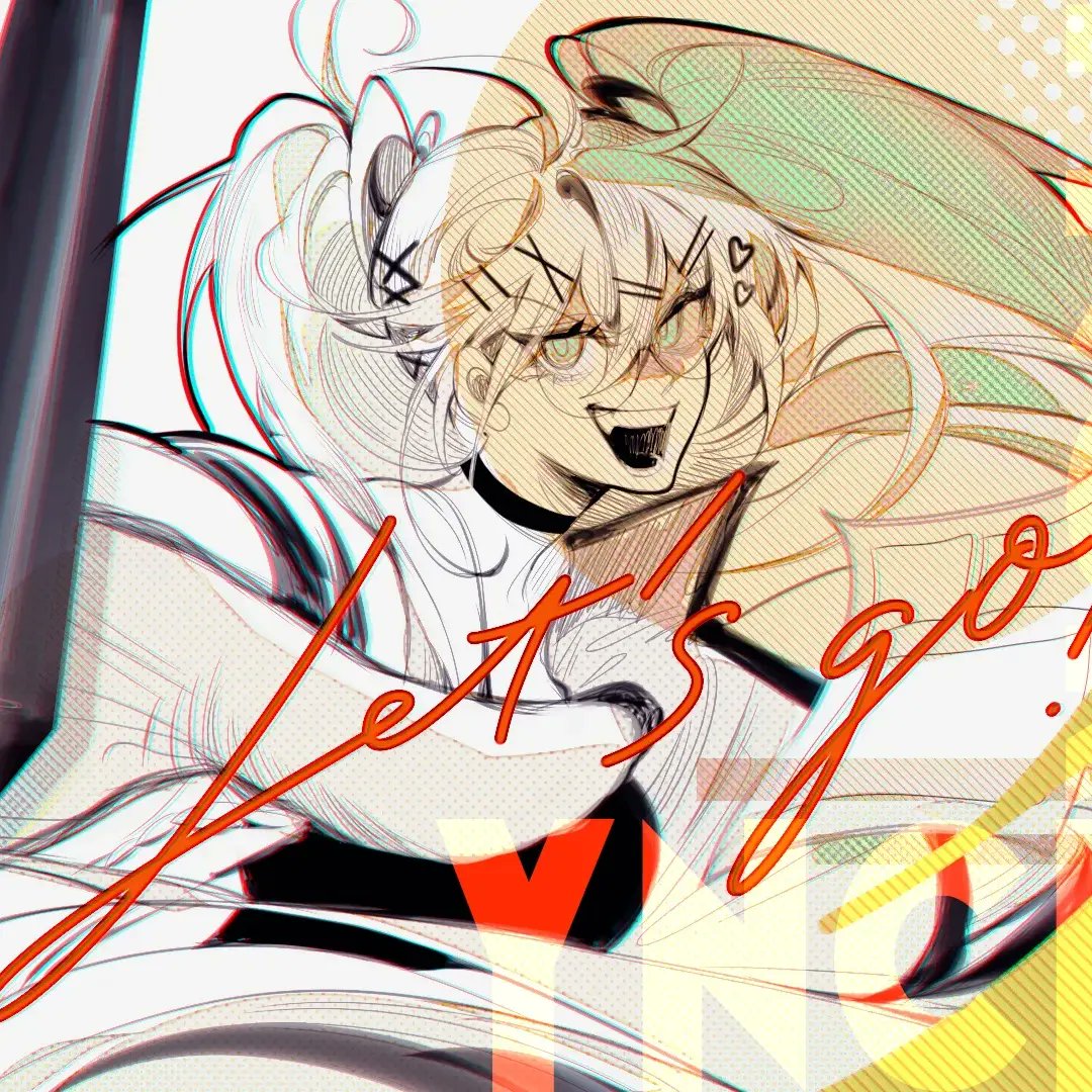 the image is a vibrant and dynamic digital drawing or fanart of an animestyle girl. she has long, white hair styled in a ponytail,  and is depicted in a lively, almost motionblurred pose. her expression is energetic and playful, with a wide, slightly mischievous smile.  the art style is stylized and somewhat abstract, with overlapping lines and a mix of sharp and soft edges.  the background is a blend of colors and textures, including hints of yellow, beige and teal. the phrase "let's go!" is prominently displayed in red lettering across the artwork, enhancing the feeling of movement and excitement. the overall aesthetic is a blend of manga and anime styles with a modern, digital touch.