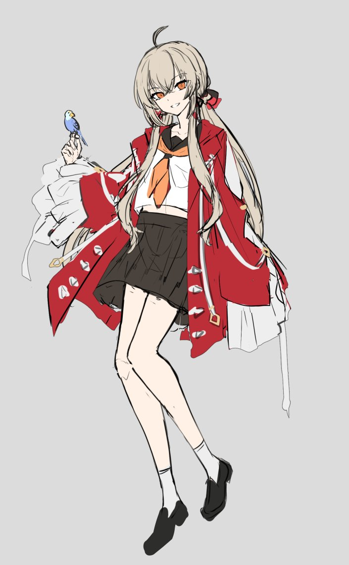 a full body illustration of an anime girl with long blonde hair. she is wearing a red jacket with white accents, a white shirt with an orange collar, a black skirt, white socks, and black shoes. she is holding a small blue bird on her right hand. the background is gray. the girl has a confident expression and her hair is styled with a red ribbon. the drawing is done in a soft, painterly style with visible pencil lines. the lighting is soft and diffused.
