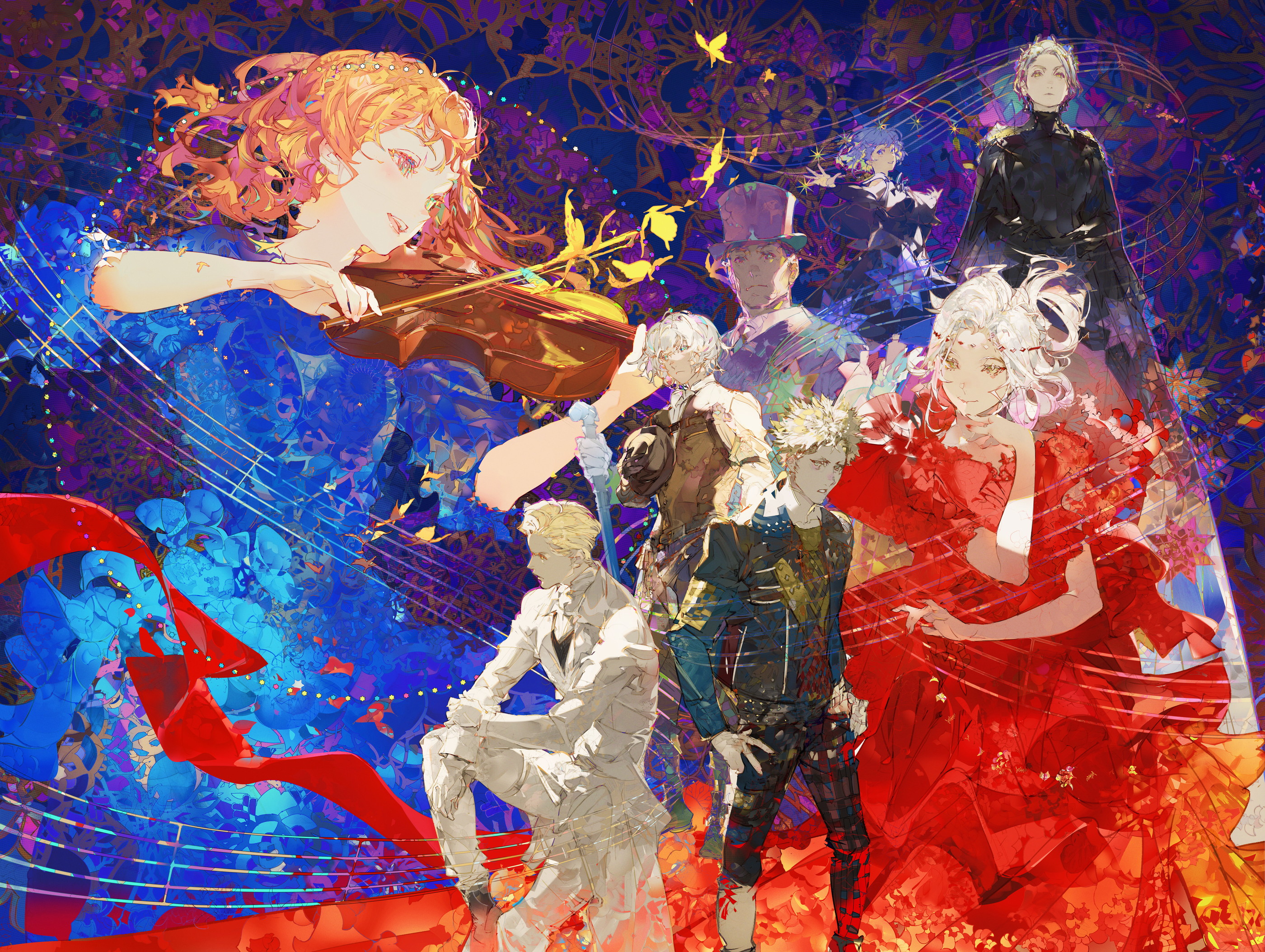 he image is a vibrant and colorful animestyle artwork depicting a group of characters, predominantly women and men, set against a backdrop of swirling musical notes, flowers, and butterflies. the central figure is a woman with auburn hair playing a violin, dressed in a flowing blue dress.  other characters are dressed in varying styles, from elegant to edgy, each with their unique appearance. a woman in a flowing red gown stands prominently beside the violinist. the overall style is expressive and detailed, with a mix of realism and fantasy elements. the color palette is rich and intense, with deep blues, vibrant reds, and gold accents, creating a sense of energy and movement.  the artwork suggests a narrative focused on music and performance or a magical, whimsical tale.