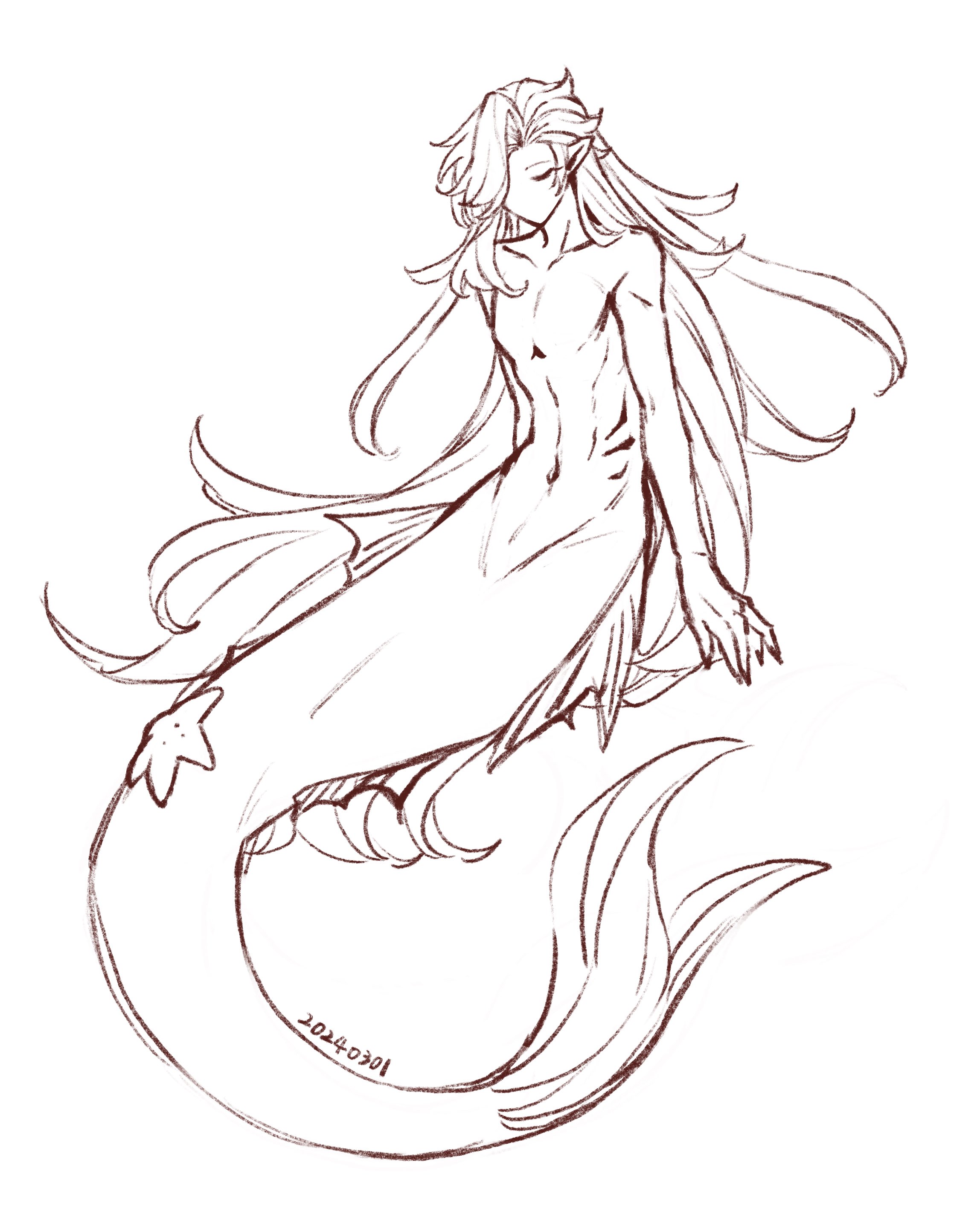 a brown ink sketch of a merman with long flowing hair. the merman is depicted from the waist up, his upper body is lean and muscular. his tail is detailed with fins and a small star near the base. the overall style is elegant and graceful, suggestive of fantasy art. the sketch is light and fluid, with a focus on the character's form and pose. a date or artist's mark is visible near the bottom of the tail.