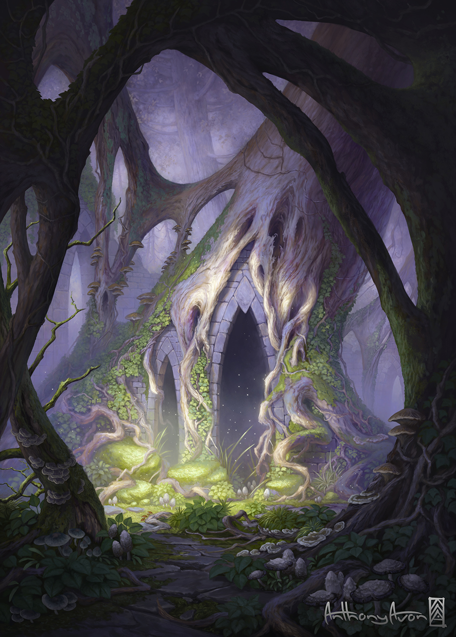 the image is a digital painting depicting a fantastical scene in a dark, enchanted forest.  a large, ancient tree dominates the center, its roots and trunk intricately intertwined to form an archway reminiscent of gothic architecture. the tree is heavily covered in moss and vines, giving it an overgrown and ancient appearance.  glowing patches of light emanate from the base of the tree, illuminating a mossy path and numerous mushrooms scattered around.  the overall atmosphere is mystical and mysterious, with a sense of depth created by the interplay of light and shadow within the dense forest. the colors are muted and earthy, dominated by purples, greens, and browns. the artist's signature is visible in the bottom right corner.