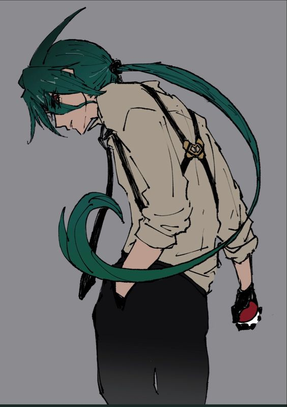 a drawing of a male anime character with long green hair, wearing suspenders and holding a pokeball. he is facing away from the viewer, with his head turned to the side. the background is a solid gray color.