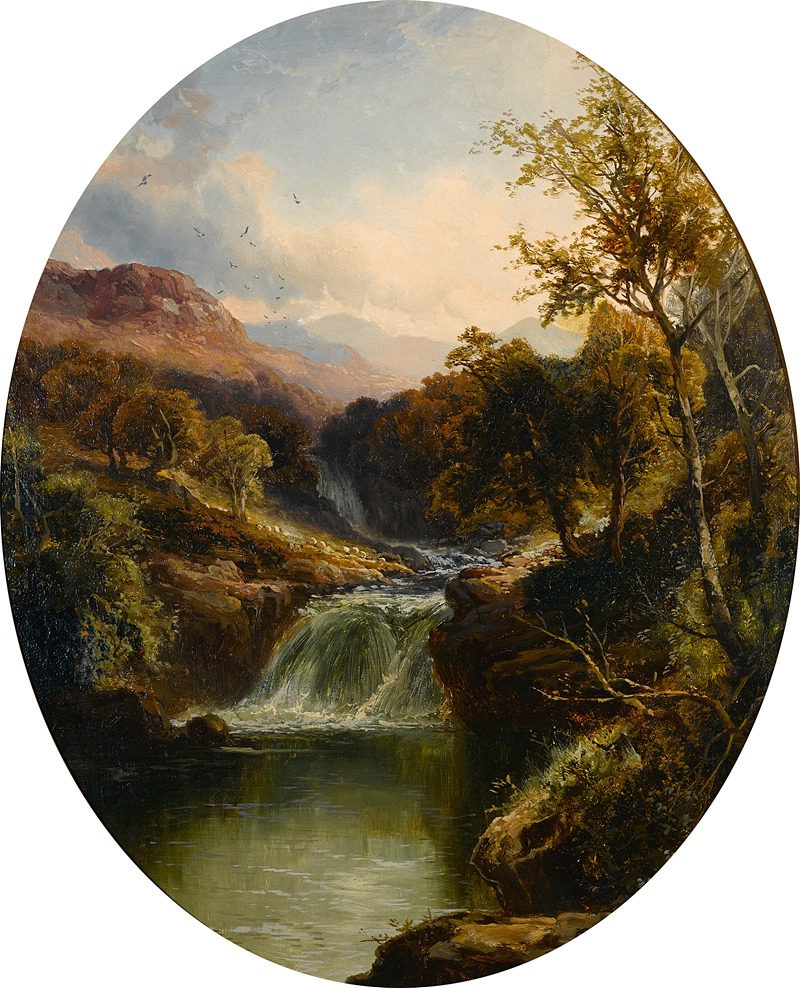 the image is an ovalshaped landscape painting. it depicts a waterfall cascading into a river or pool of water, surrounded by lush trees and vegetation. mountains are visible in the background, beneath a sky filled with clouds and a few birds. the overall scene is serene and naturalistic.