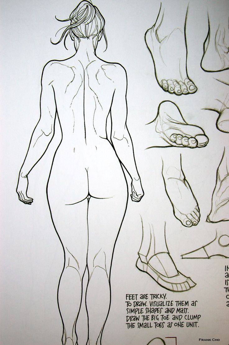 a black and white sketch on white paper shows the back view of a nude female figure. to her right are detailed sketches of feet in various positions. handwritten text offers advice on how to draw feet, suggesting simplifying them into basic shapes and treating the smaller toes as a single unit.  the artist's name, frank cho, is visible in the bottom right corner.