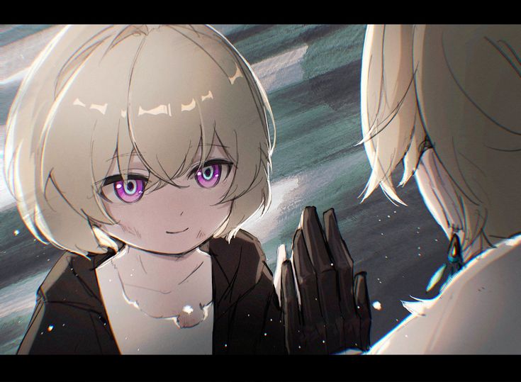 the image is a piece of digital fanart featuring a closeup portrait of a young anime girl with blonde hair and striking purple eyes. she is wearing a darkcolored hooded jacket and gloves. the girl appears to be looking at her reflection in a mirror or some reflective surface, as a similar figure is visible in the background, mirroring her pose.  the overall mood is mysterious and somewhat somber, with a soft, stylized art style that emphasizes texture and shading.  the background is blurry and indistinct, focusing attention on the girl's expression and the reflective element of the scene. the girl is displaying a hand gesture that appears to be a tentative or cautious greeting.