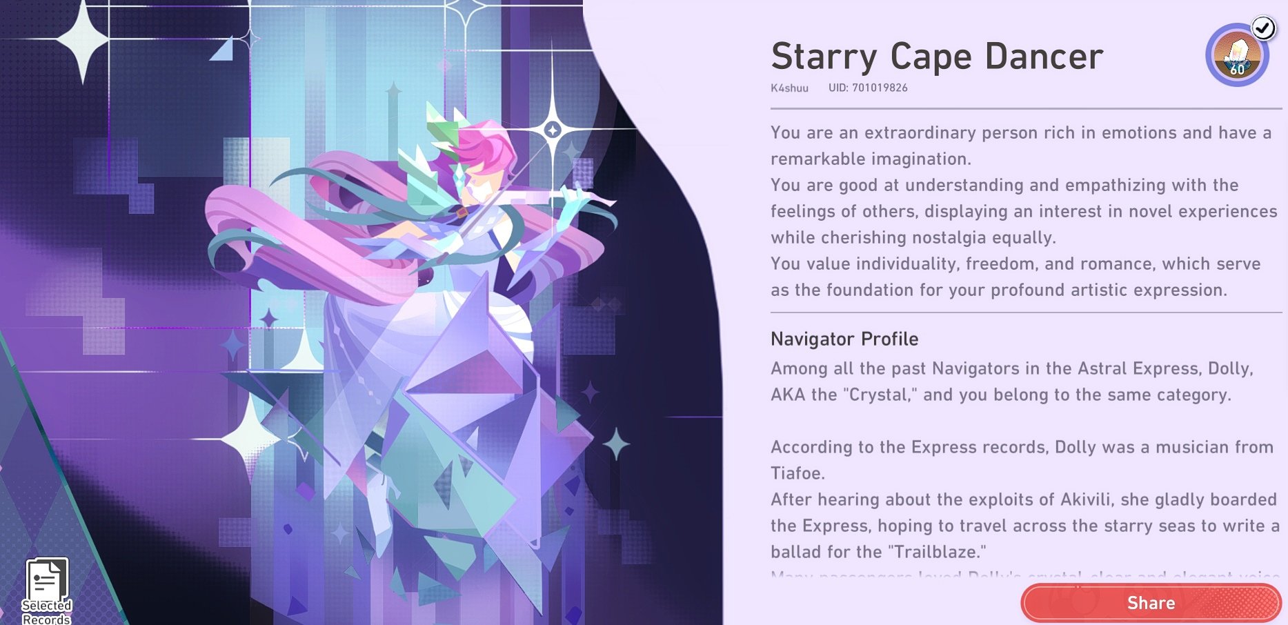 the image shows the character profile for "starry cape dancer" in a video game. it includes a description of the character's personality and history, as well as their role as a navigator in the astral express. the character is identified as a "crystal" and is connected to the character dolly, another navigator. the text describes dolly's background as a musician from tiafoe and her journey on the astral express inspired by the exploits of another character, akivili. the image includes a visually appealing background with a pink and blue color scheme. the character appears as a feminine figure with long pink hair and white clothing.
