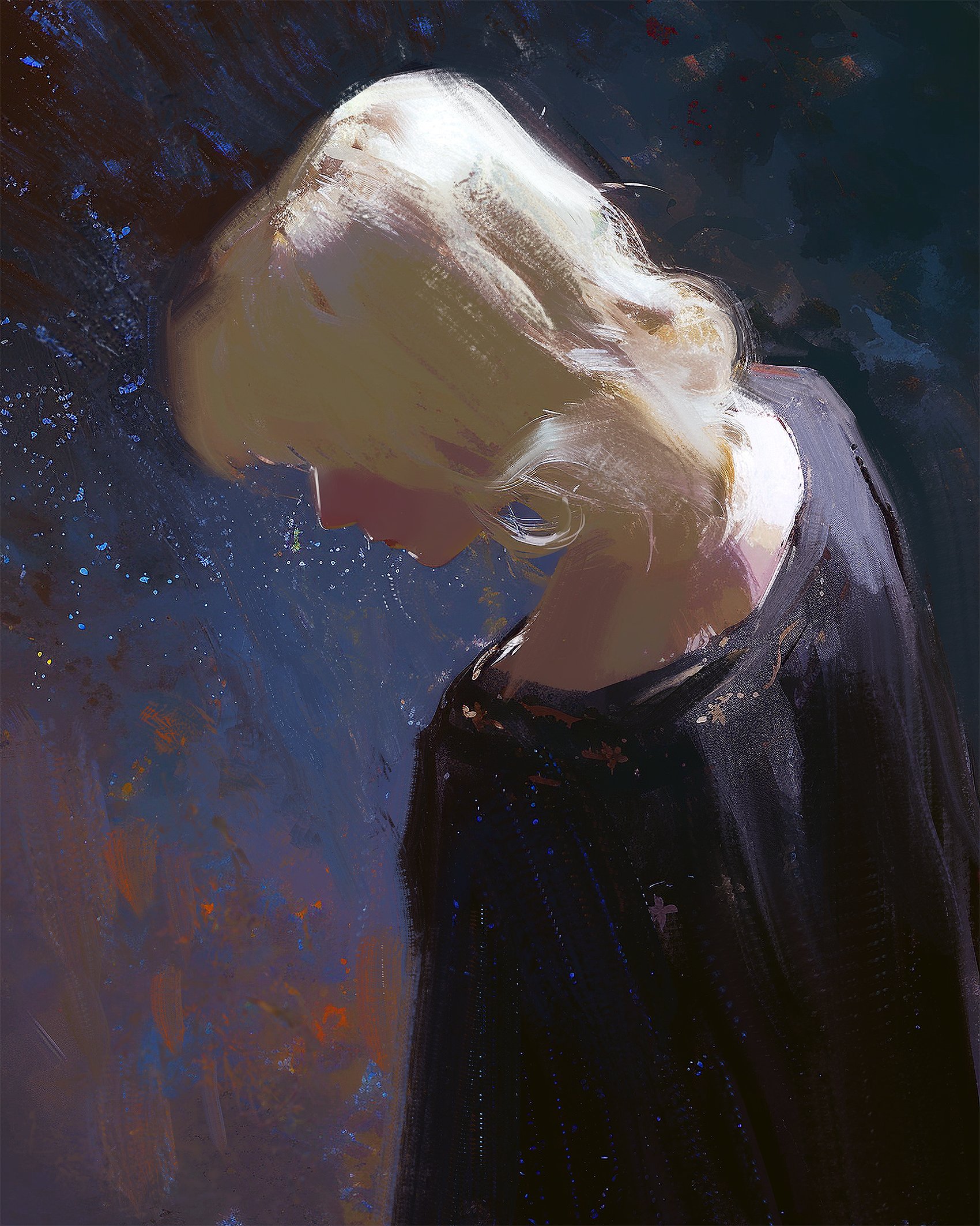 a digital oil painting depicting a woman with long, flowing blonde hair looking down in a somber mood, wearing a black dress. the background is abstract and textured, creating an ethereal atmosphere. the painting suggests a sense of loneliness, introspection, and melancholic beauty. the brushstrokes are visible and contribute to the overall dreamlike quality of the artwork.