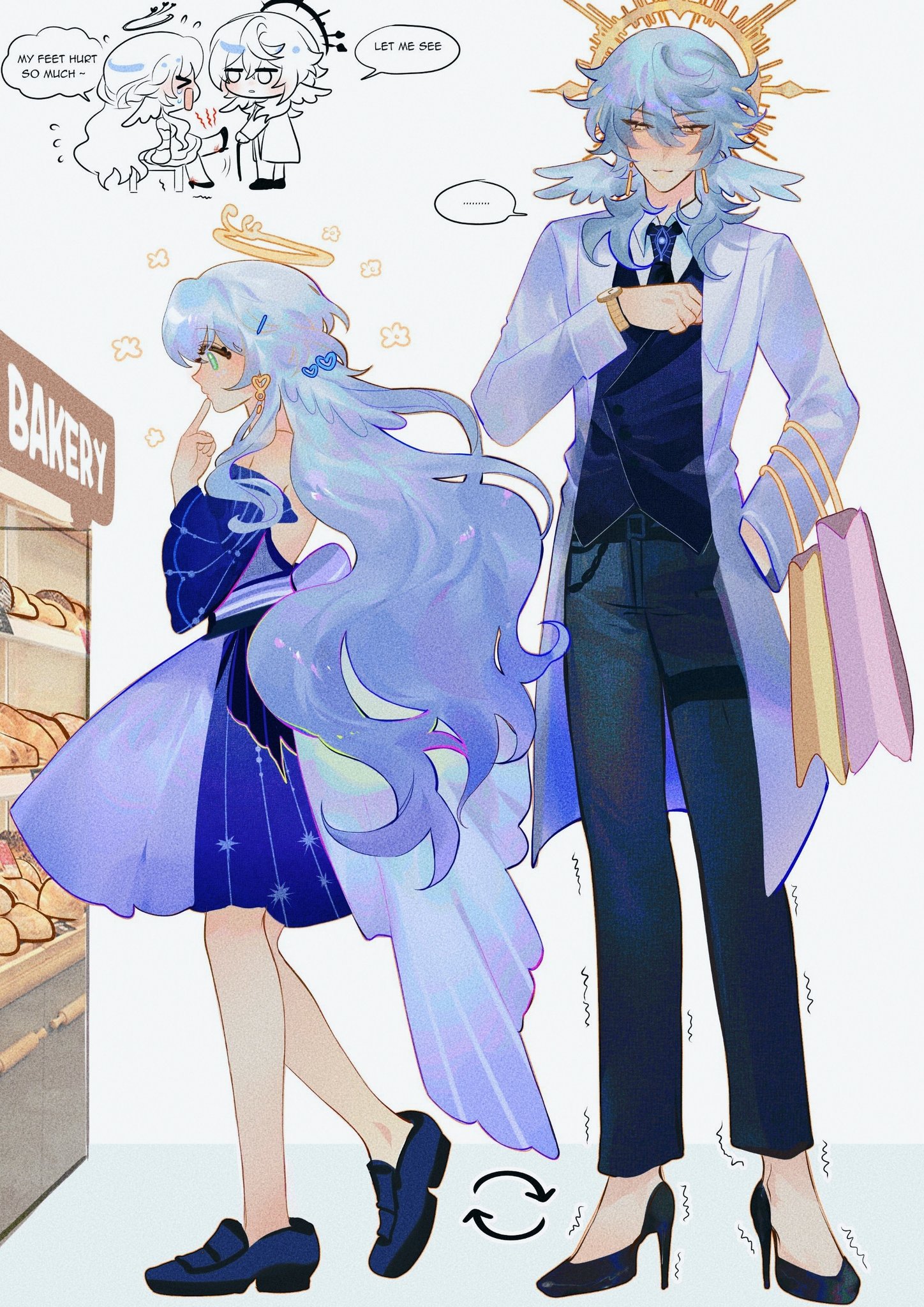 he image is an animestyle illustration featuring two characters, a woman and a man, both with long, light blue hair and angelic features. the woman on the left is wearing a blue and purple dress with a halo, while the man on the right is dressed in a white coat and dark suit, also with a halo.  they are positioned in a bakery setting, with a bakery counter and bread visible in the background. the woman appears to be looking at something in the bakery, while the man is holding shopping bags.  the style is whimsical and magical, with pastel colors and intricate details. small illustrations in the upperleft corner depict other figures. a circular arrow between the main figures suggests a possible relationship or interaction.