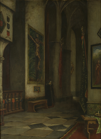 a painting depicts the interior of a church. a monk is standing by a bench near a wallmounted crucifix. arches lead further into the church, with a banner hanging in the background. a painting is visible on the right side of the frame, next to a small altar.
