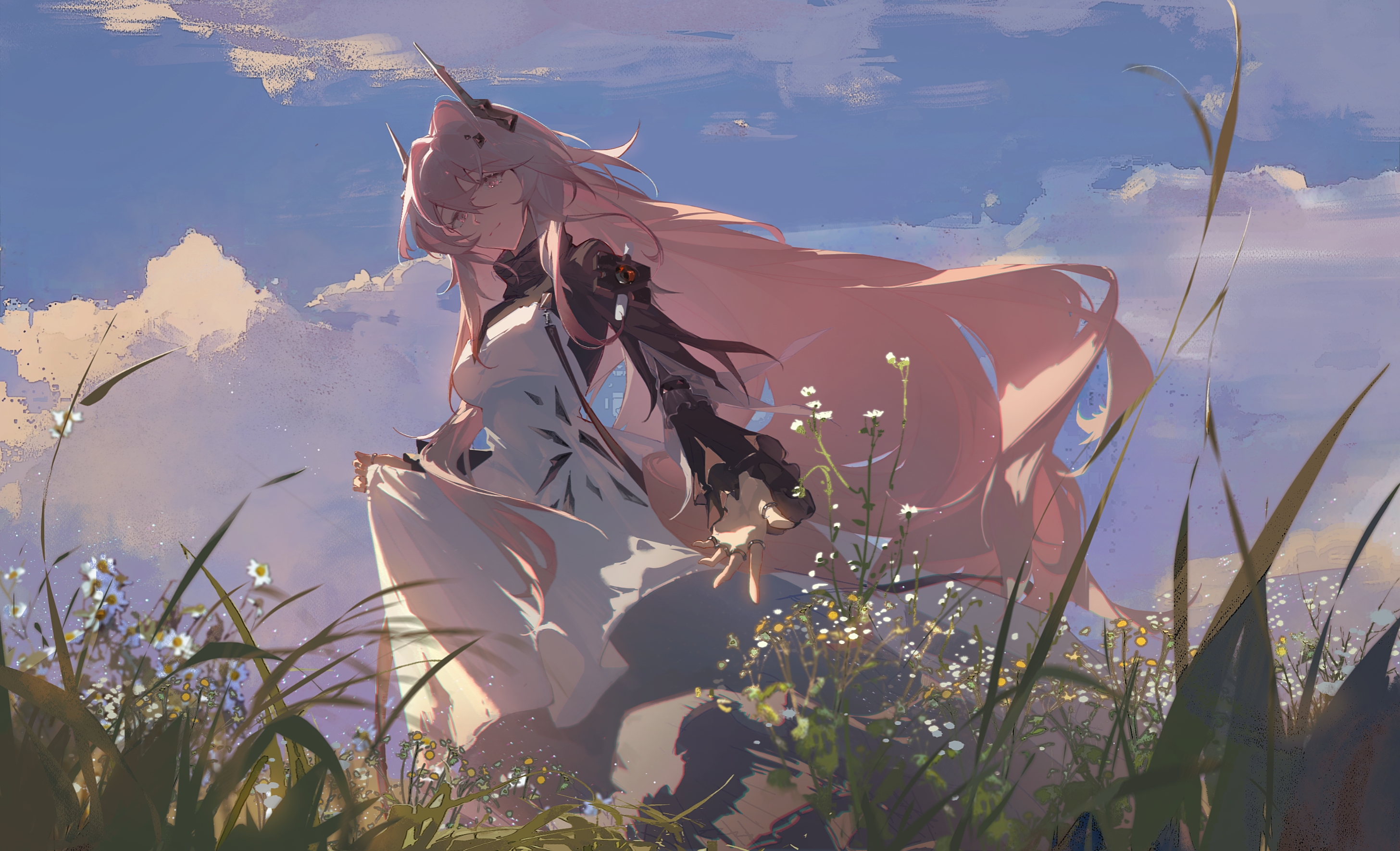 the image features a solitary anime girl with long, flowing pink hair and small horns, hinting at a fantasy setting. she wears a white and black dress and appears to be walking through a field of wildflowers. the scene is bathed in a soft, warm light, suggesting an evening hour. the low angle perspective emphasizes the vastness of the sky above, filled with fluffy clouds tinged with pink and orange. the overall mood of the image is serene and peaceful.