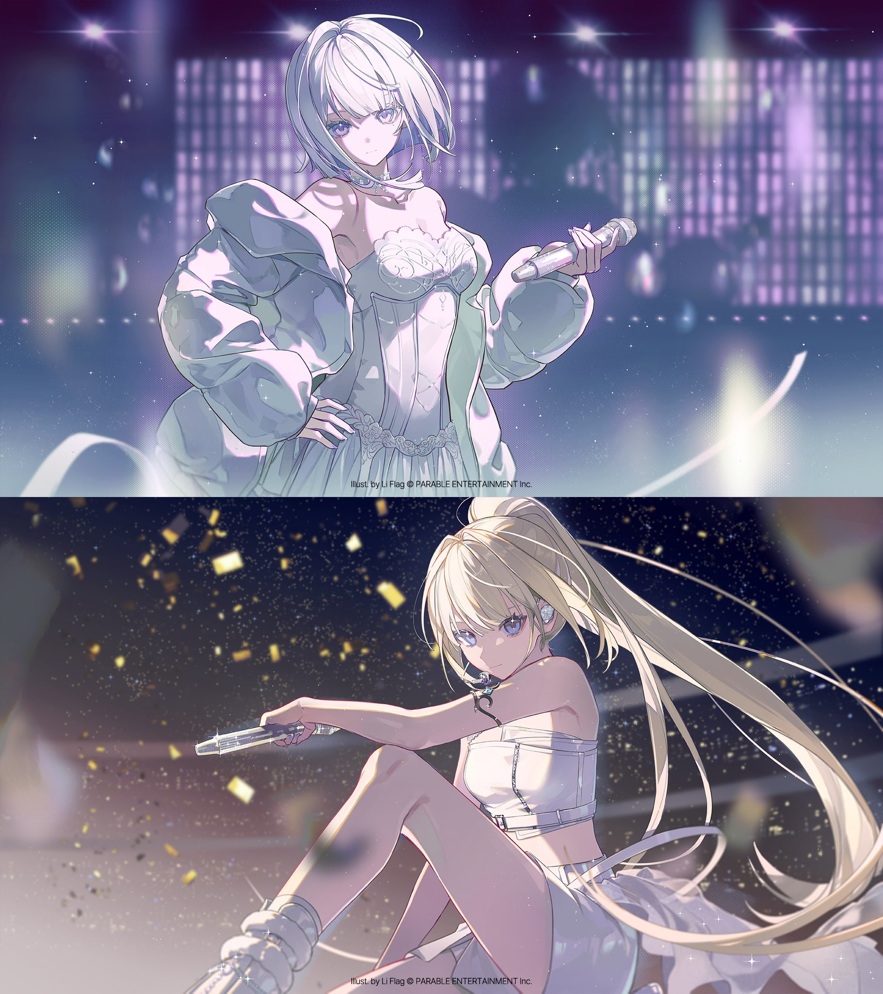 he image showcases two animestyle female characters.  the top image depicts a character with short, white hair, dressed in a puffy white jacket over a white corsetstyle top and skirt, holding a microphone, appearing to be on a stage with purple lights.  the bottom image features a character with long, blonde hair in a high ponytail, dressed in a white crop top and short skirt, holding a futuristiclooking object, set against a background of glittering particles and dark space. both characters are presented in a stylish and elegant manner, showcasing elaborate designs and poses.  both illustrations share a similar style and art direction.