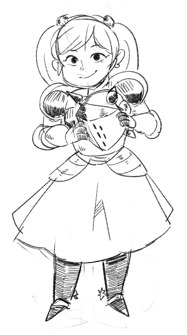 a hand drawn sketch of a young girl with pigtails, holding a knight's helmet and wearing a dress that looks like armor.  the girl has a happy expression on her face.