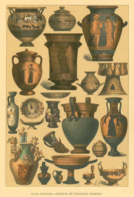 the image displays a collection of illustrated ancient greek pottery, showcasing various shapes, sizes, and designs of vases, urns, and other ceramic vessels. the illustrations depict intricate patterns, figurative scenes, and decorative elements common in greek pottery from that era. the collection appears to be a visual reference or educational resource highlighting the diversity and artistry of ancient greek ceramics. the label at the bottom reads "edad antigua.objetos de ceramica griegos" which translates to "ancient age  greek ceramic objects"