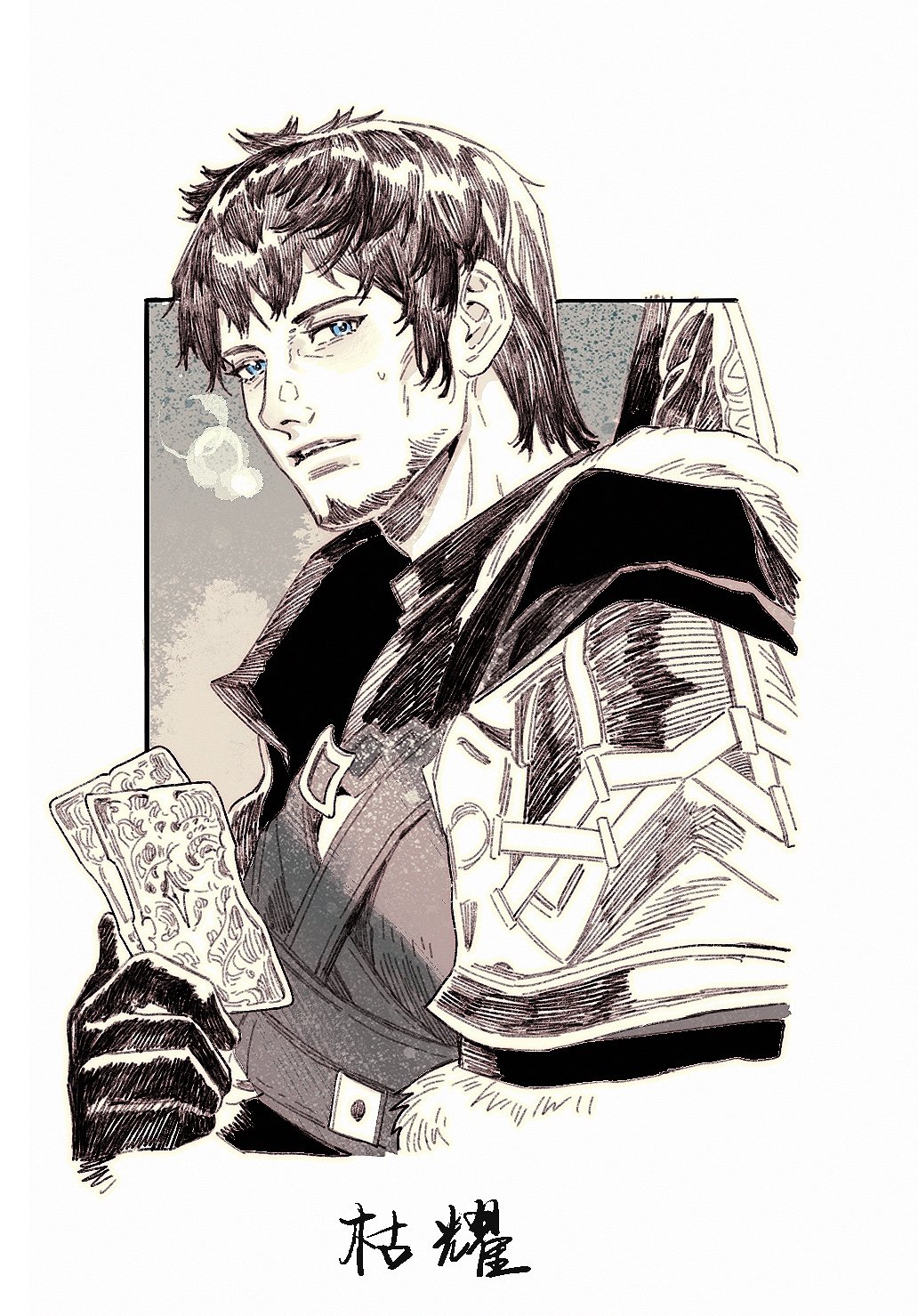 a black and white illustration of a man with a card in hand, dressed in a  armor. he has a sword at his back and is framed in a black line. the background is a light gradient of gray. he is wearing a dark, armored outfit with a fur trim. he has short, messy dark hair and piercing blue eyes. he has a serious expression and a determined look on his face.