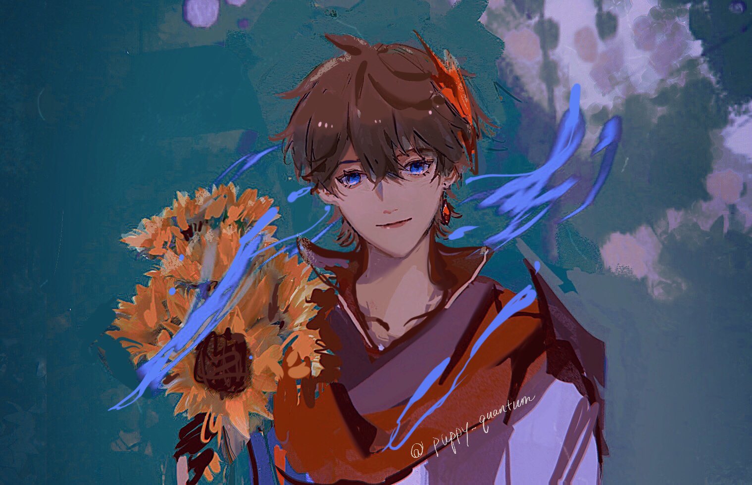 the image is a digital painting of an anime male character. the character is wearing a brown shirt and a red cloak and has brown hair and blue eyes. they are smiling and holding sunflowers. the background is a blue and purple haze with white clouds. the image is in a whimsical and fantasy style, with a magical feel. it is a beautiful and heartwarming piece of art.