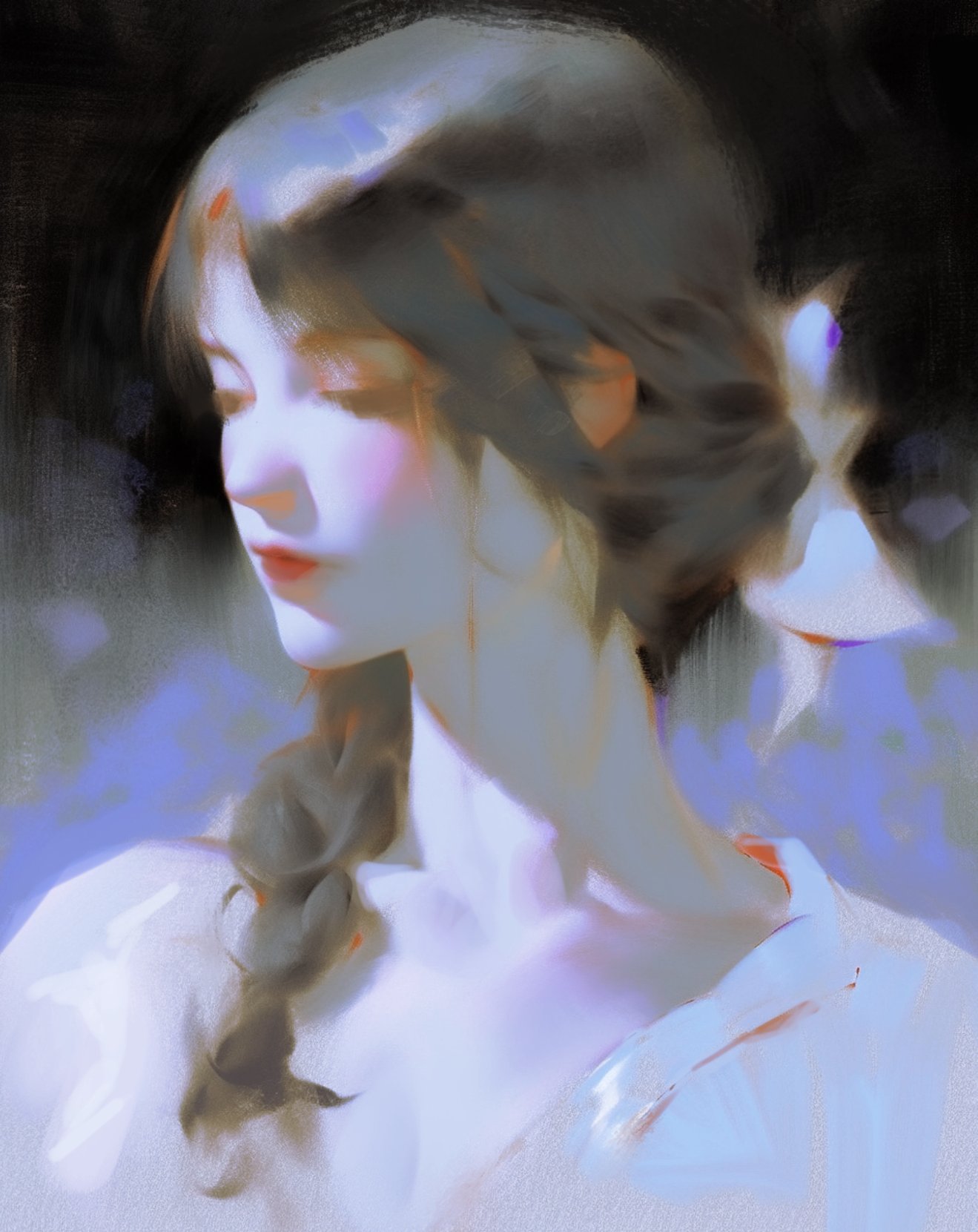 this digital painting features a portrait of a woman with long, flowing hair. she is wearing a white shirt and has a soft, ethereal look. the artist has captured her beauty and serenity with delicate brushstrokes and soft colors. the overall impression is one of grace and peace.