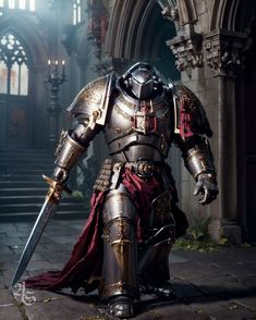 the image shows a knight standing in a castle. he is wearing full body armor with intricate details. a red cloth is tied around his waist, falling to his knees, and he is holding a sword in his right hand. the lighting is dark and moody, highlighting the knight and the gothic architecture of the castle. the perspective is from eyelevel, making the knight seem imposing and powerful.
