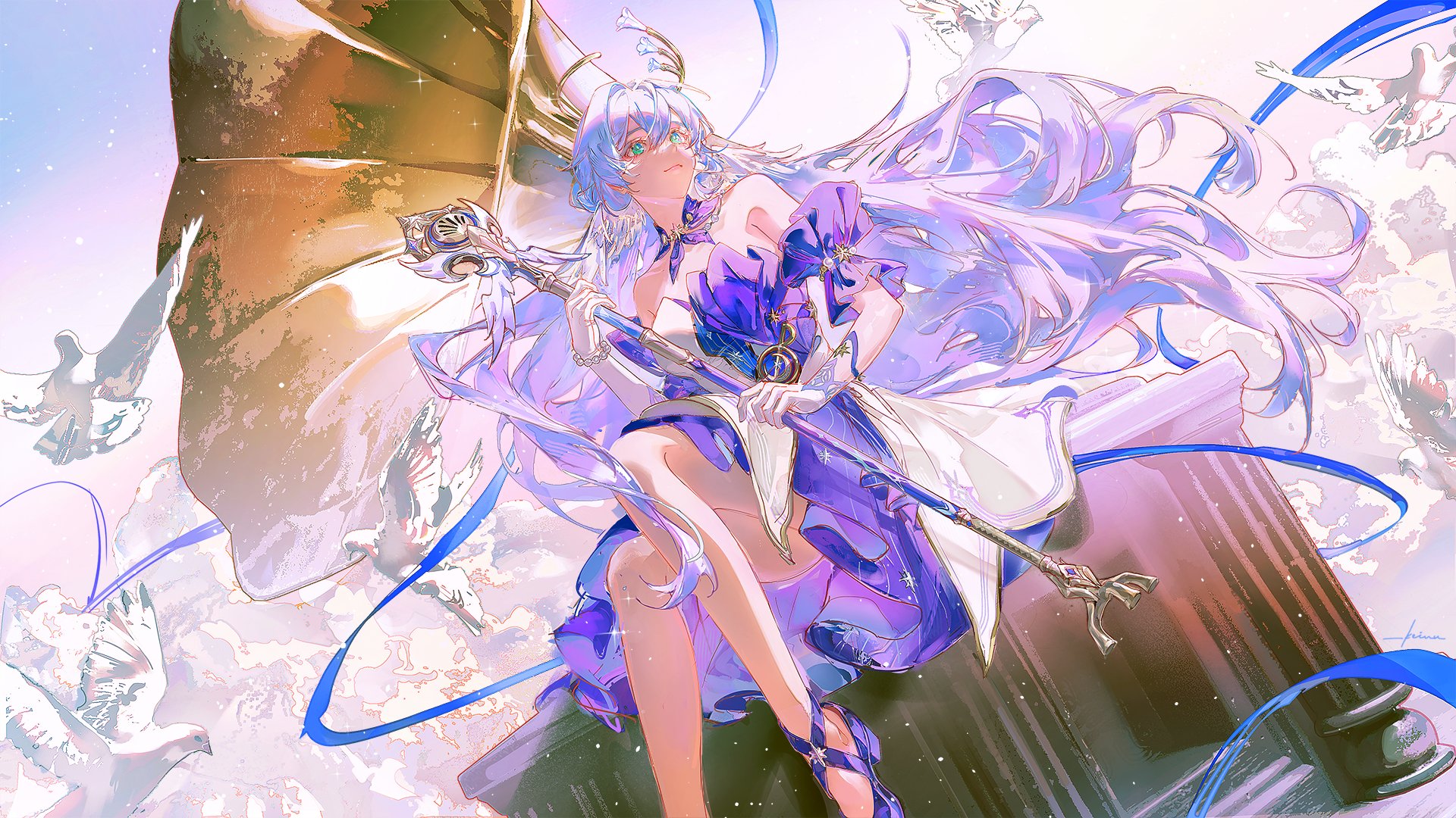 the image features a beautiful, animestyle illustration of a young woman with long, flowing white hair and pale skin. she is dressed in an ornate, purplishblue dress with gold accents and white flowing fabric. her attire suggests a goddess or angelic figure. she holds a golden staff and stands on a stone pillar adorned with blue ribbons. the background depicts a bright sky filled with soft clouds and white doves, further emphasizing the ethereal and heavenly atmosphere. the artwork employs a low angle perspective, adding to the character's imposing and majestic presence.