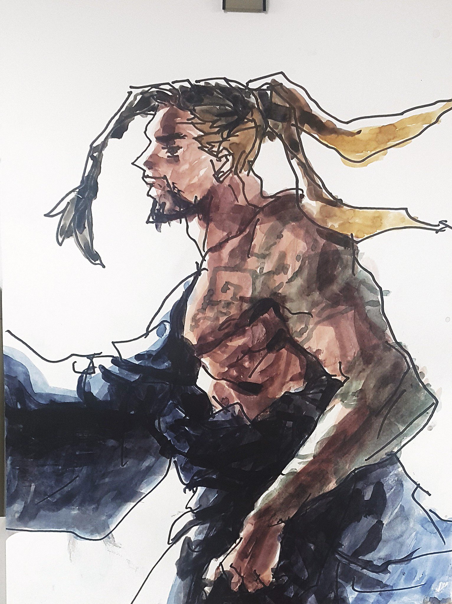 a handdrawn illustration of a muscular man with a ponytail, beard, and tattoos. the drawing is done in black ink and watercolor on white paper. the man is shown from the waist up and is looking to the side. his right arm is raised and bent at the elbow, his left arm is relaxed. the drawing is done in a stylized way, with exaggerated features. the colors used are black, brown, blue, and white.