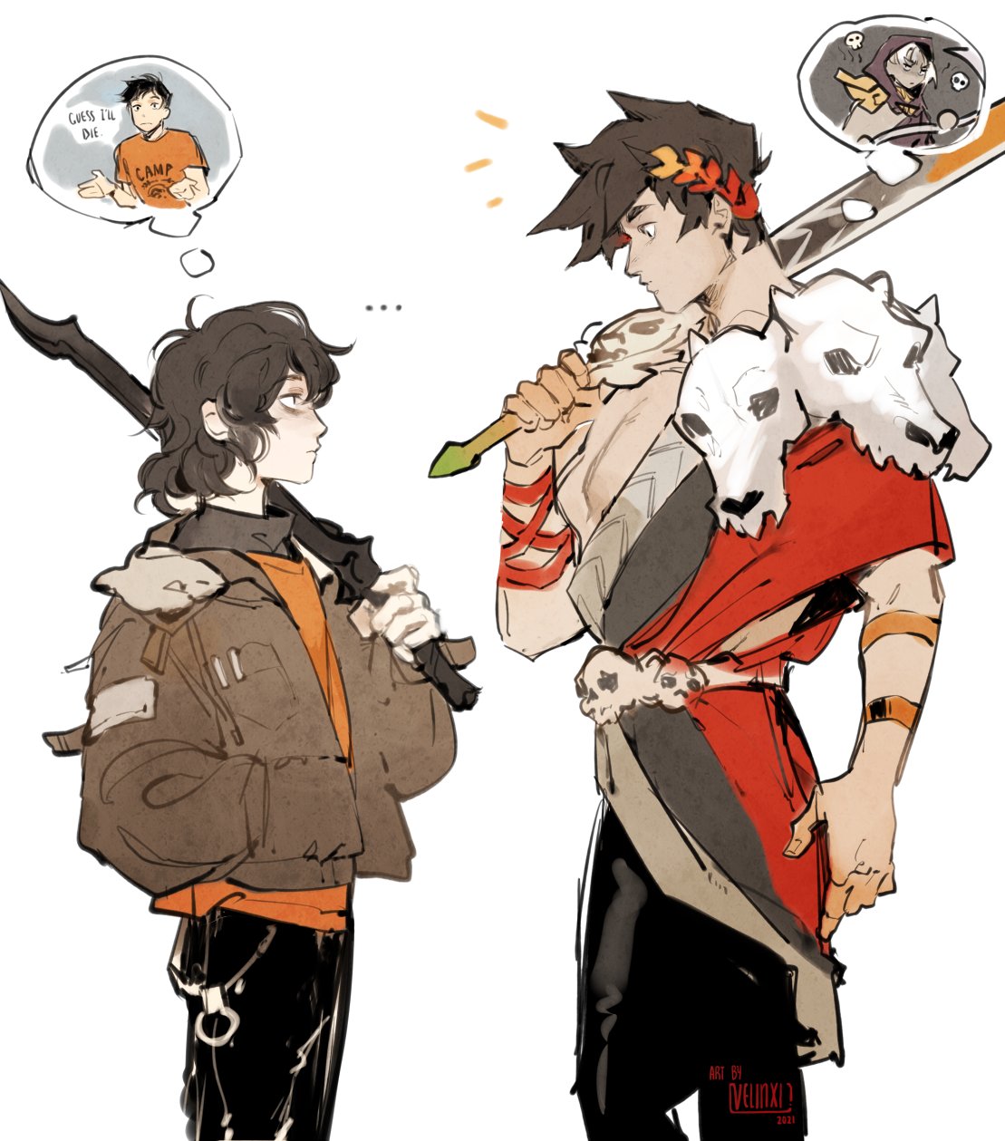 the image is a cartoonstyle illustration featuring two main characters, likely percy jackson's nico di angelo and zagreus from the game hades, standing relatively close to each other. nico is on the left, drawn in a more contemporary style with a jacket and a black sword over his shoulder, and above him in a thought bubble is percy jackson in his camp halfblood tshirt. he appears to be thinking about percy. zagreus, on the right, is depicted in attire that reflects his mythological origins and carrying a large sword. a thought bubble above zagreus contains an image of thanatos, another character from hades. the artwork is created in a graphic art style with a focus on character interaction and references to both the percy jackson and hades universes.