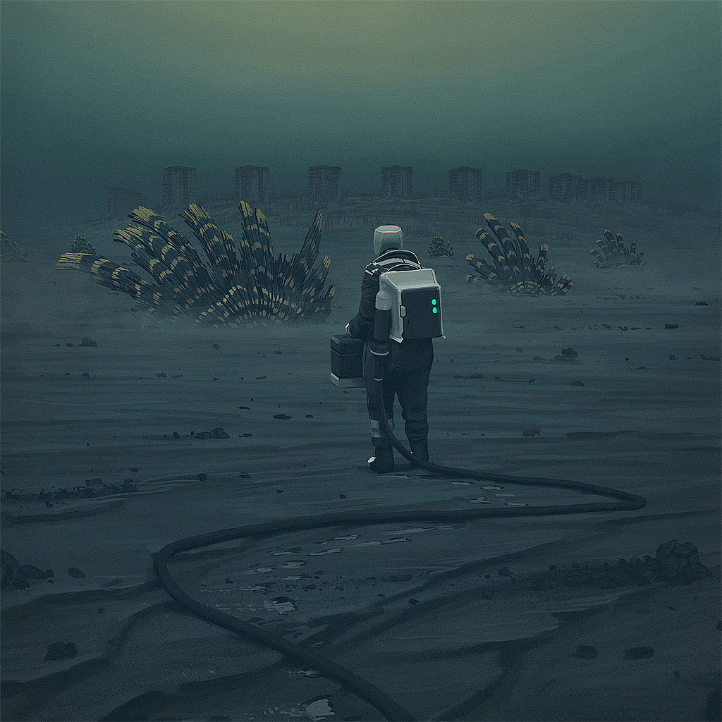a lone astronaut in a futuristic spacesuit stands on a desolate, alien landscape. the astronaut appears to be exploring a postapocalyptic city, judging from the ruins that lay in the background. the landscape is eerily silent and the atmosphere is thick and heavy. the astronaut's presence is a stark reminder of the human drive to explore, even in the most inhospitable of environments.