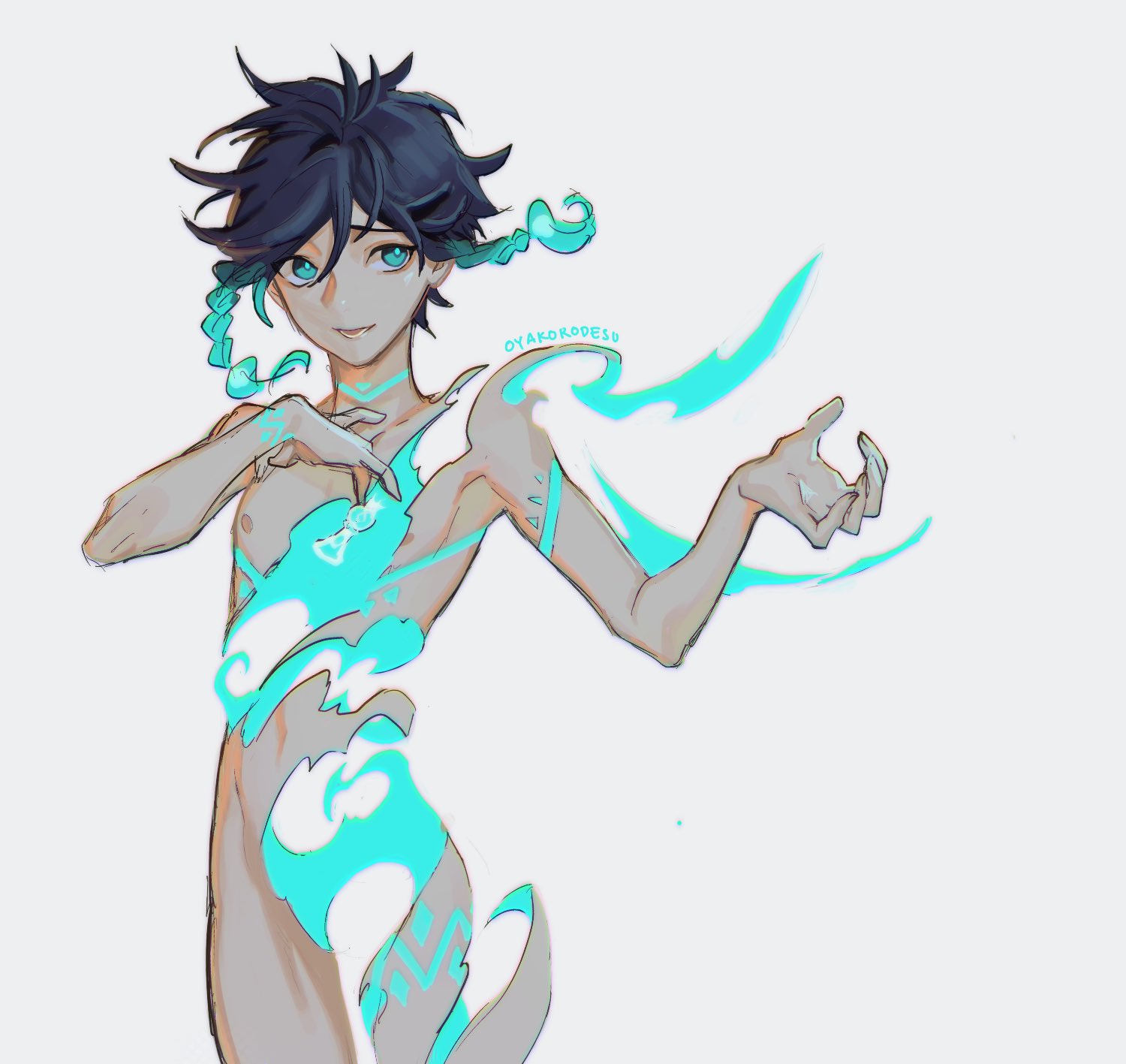 this is a digital illustration of a young man with blue hair and a flowing blue and turquoise outfit. the figure is posed in a dynamic way, with the character's hand outstretched towards the viewer. the background is white and the illustration is done in a vibrant style.