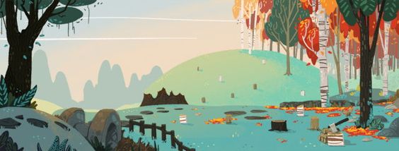 this whimsical illustration showcases a clearing in a stylized forest.  a grassy hill rises gently in the center, dotted with birch trees clad in autumnal hues of orange, red, and yellow.  the foreground features a dirt path littered with chopped wood, hinting at recent activity.  an axe leans against a stack of logs, further emphasizing the lumber theme. a weathered wooden fence trails off to the left, leading the eye toward distant, misty mountains bathed in the soft light of a tranquil day.  the overall palette is warm and inviting, evoking a sense of peace and wonder.