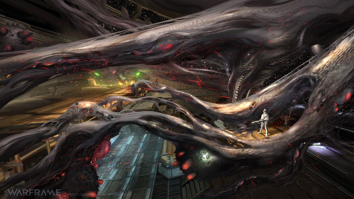 the image showcases the interior of a futuristic spaceship heavily infested by an alien organism. large, pulsating organic tendrils with glowing red veins dominate the scene, twisting through the metallic corridors and engulfing the technological fixtures.  sparks fly as the infestation spreads, consuming the environment. in the distance, amidst the chaos, a lone human figure stands armed and defiant, dwarfed by the sheer scale of the alien growth.  the lighting is dramatic, with volumetric light beams cutting through the smoky atmosphere, highlighting the texture of the organic matter and the metallic surfaces. the overall atmosphere is one of danger and imminent threat.