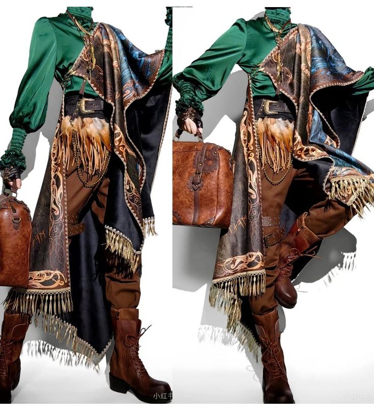 two people are wearing similar outfits featuring a green blouse, brown pants, and brown boots. they are both wearing a shawl with fringe, and carrying a brown bag. the background is white.