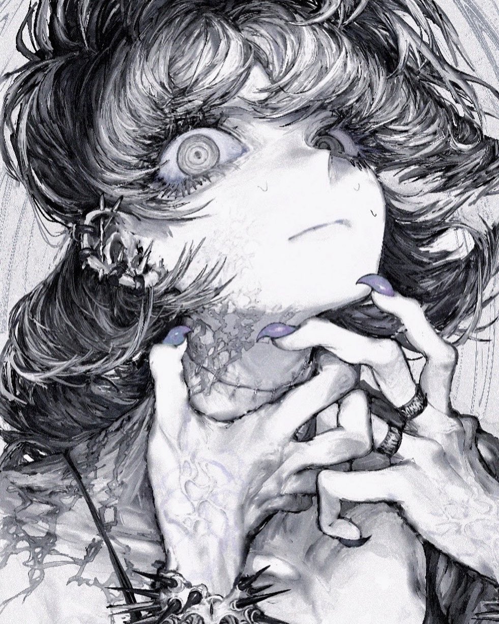 the image is a detailed closeup drawing of a young woman's face and upper body.  her style is heavily influenced by anime and manga aesthetics, but with a darker, more gothic and surreal twist. the monochromatic palette uses shades of grey and white, giving the image a gritty and textured quality.  her eyes are wide and unsettling, and her expression is one of distress or perhaps a strange calm amidst the apparent chaos. her hands are clawed and gripping her throat, adding to the eerie atmosphere. the detail in her hair and clothing is remarkably intricate. the overall impression is one of a disturbing yet captivating piece of art.