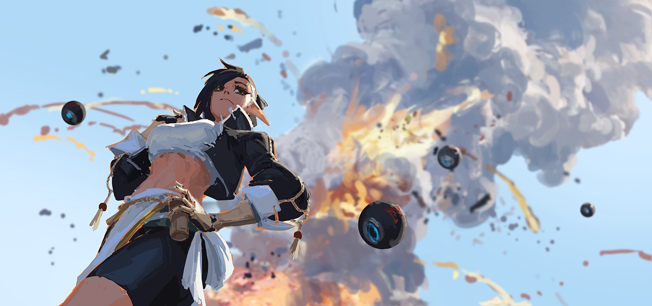 the image is a digital painting depicting an animestyle female character with elflike ears. she's dressed in a casual yet stylized outfit; a dark jacket over a white top and short shorts. she confidently stands in a dynamic pose amidst a large explosion, seemingly unaffected.  multiple dark spherical objects are flying around her in the chaotic scene. the background showcases a fiery explosion with smoke and debris filling the sky. the art style is painterly and vibrant, emphasizing the action and character's powerful stance.
