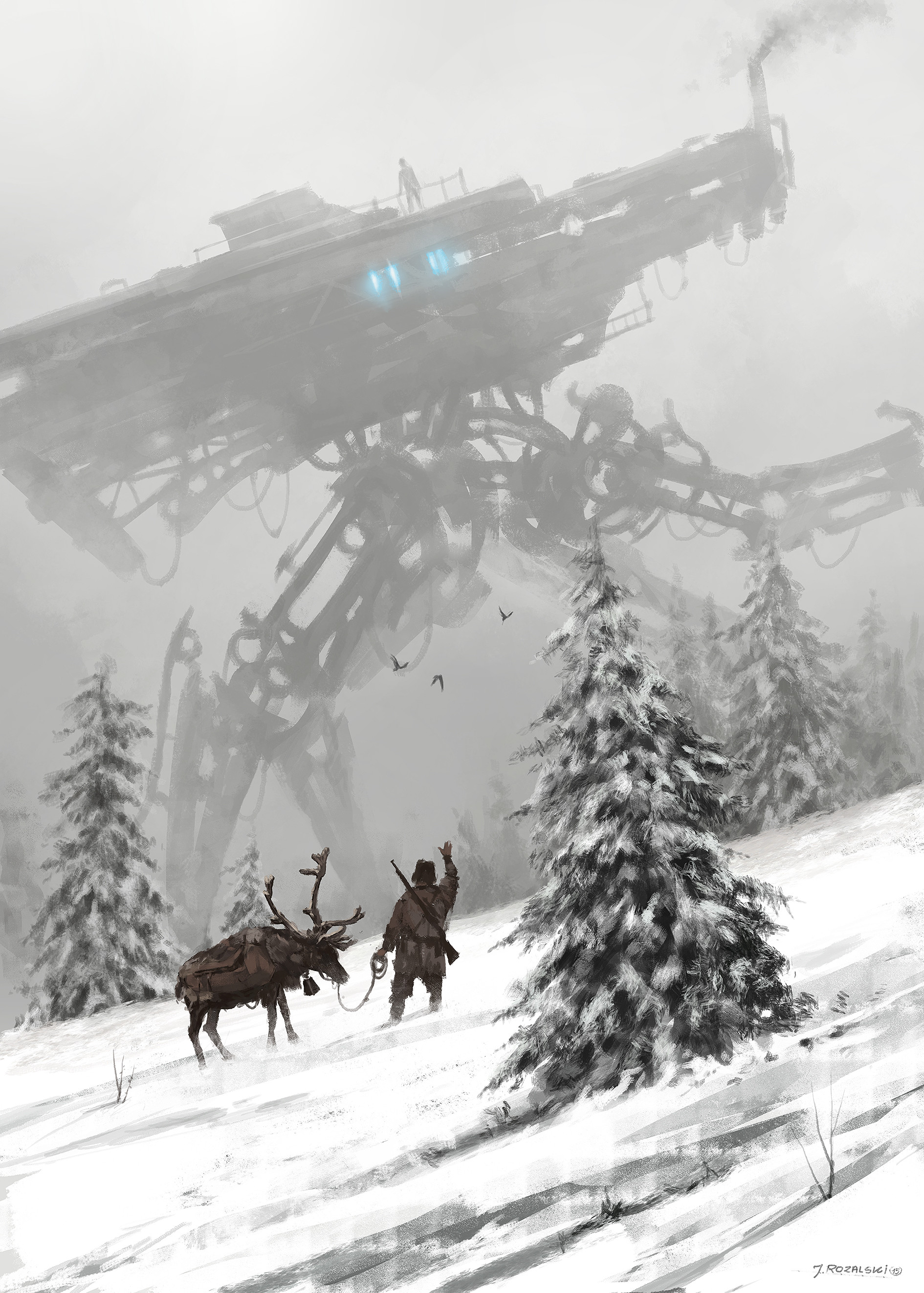 an illustration depicting a man leading a reindeer through a snowy forest with a giant, mechanical steampunk machine hovering above in the distance. the image is set in a hazy, misty atmosphere. the forest is covered in snow and the trees are bare. the mechanical structure is very large and complex. it appears to be made of metal and is covered in machinery. the man is dressed in winter clothing and the reindeer is also covered in snow. the image is wellrendered and atmospheric. the artist has used a dark palette to create a sense of mystery and intrigue. the overall feeling of the image is one of awe and wonder.