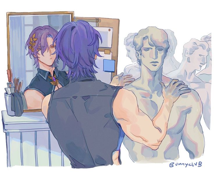he image is a digital painting of two young men. one is looking at his reflection in a mirror and is also touching a muscular male statue. the man in the reflection is wearing a dark outfit and a decorative piece around his neck. the man in the foreground is wearing a sleeveless dark top and has purple hair. he appears to be carefully studying both his reflection and the statue, and the overall vibe is artistic and romantic.  the background features several additional statues and an artist's workspace with a clipboard. the style is soft and expressive, focusing on the interplay of light and shadow to create a dreamlike mood. the artist's signature is visible in the lower right corner.