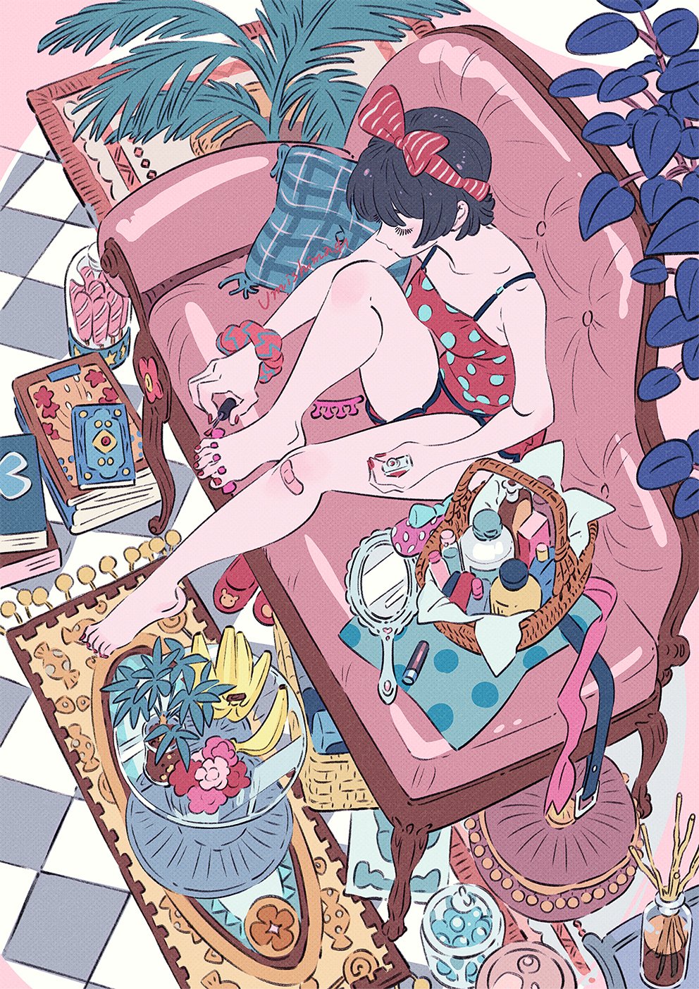 the illustration depicts a cute animestyle girl with dark hair and a red bow relaxing on a pink couch. she's painting her toenails and surrounded by a charmingly cluttered array of personal items: cosmetics in a wicker basket, a mirror, bananas in a glass bowl, tropical plants, books, and a colorful rug. the overall style is pastel and features soft colors, creating a cozy and inviting atmosphere. the scene is detailed with various small objects, suggesting a sense of comfort and personal style.  the girl's expression is peaceful, indicating a moment of selfcare and relaxation.