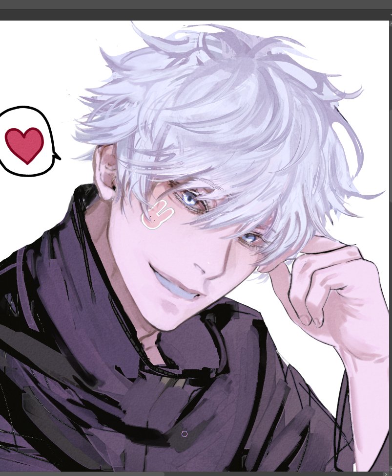 an anime character with white hair and blue eyes smiles sweetly while looking at the viewer. he is wearing a purple jacket. there is a pink heart in the upper left corner. he appears to be blushing.