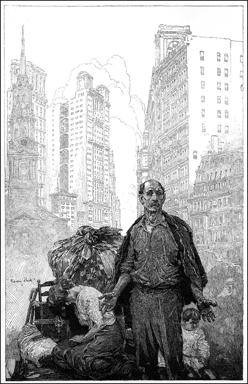 a detailed black and white illustration or engraving depicting a street scene in new york city, likely from the late 19th or early 20th century.  a central figure, an older man, stands prominently, appearing weary and burdened. he is surrounded by a family—a woman and children—who seem to be involved in collecting and transporting scrap or refuse.  tall buildings and a cloudy sky form the background, creating a stark contrast between the grandeur of the urban landscape and the poverty of the family. the style is realistic and evokes a sense of social commentary on the realities of urban life during that era. the overall mood is somber and melancholic.