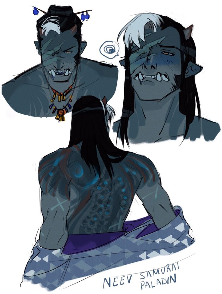 this digital illustration showcases a character design of a samurai paladin. the character is a male with dark skin, a long black hair, and a bandaged face. he has a complex tattoo pattern all over his body and appears to be wearing a kimono with a purple sash and a checkered pattern. the image features the character's face from three different angles. two of the images are of the character's face with a slightly aggressive expression and one image is of the character from behind showing their back and the elaborate tattoo pattern. the illustration has a dynamic and impactful style with a focus on detail and character design. the character appears powerful, mysterious, and possibly a little bit menacing. the title "neev samurai paladin" is written in bold font at the bottom of the image. the image seems to be created for a fantasy story or game.
