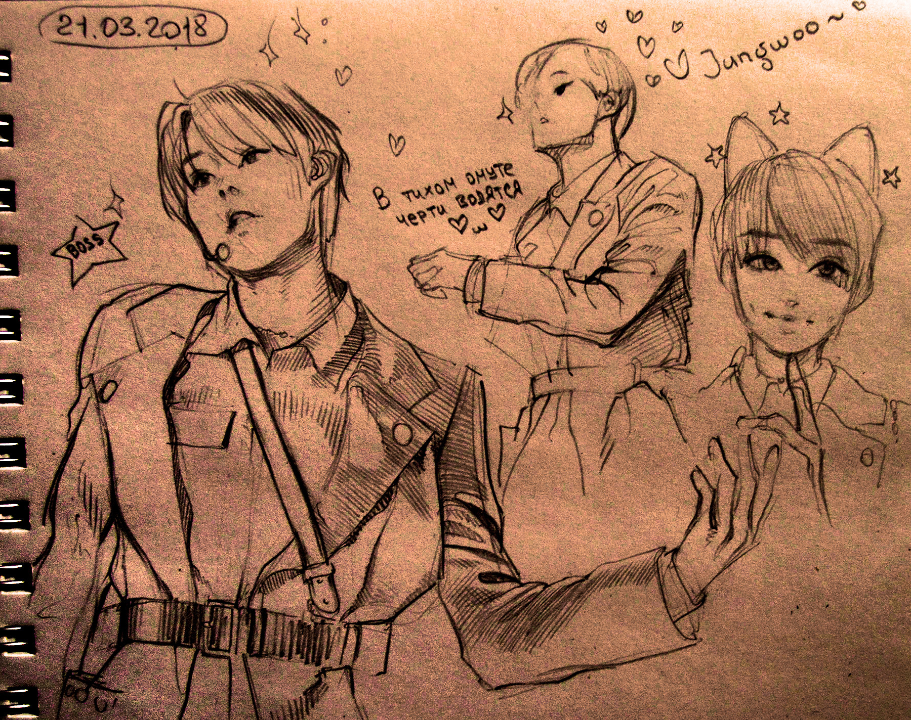 a page from a sketchbook features three pencil sketches of jungwoo from the kpop group nct.  the sketches appear to be inspired by a photoshoot, with jungwoo drawn in various poses and outfits.  one sketch features cat ear details.  the date "21.03.2018" is written at the top of the page along with the words "boss" and "jungwoo~" in korean.