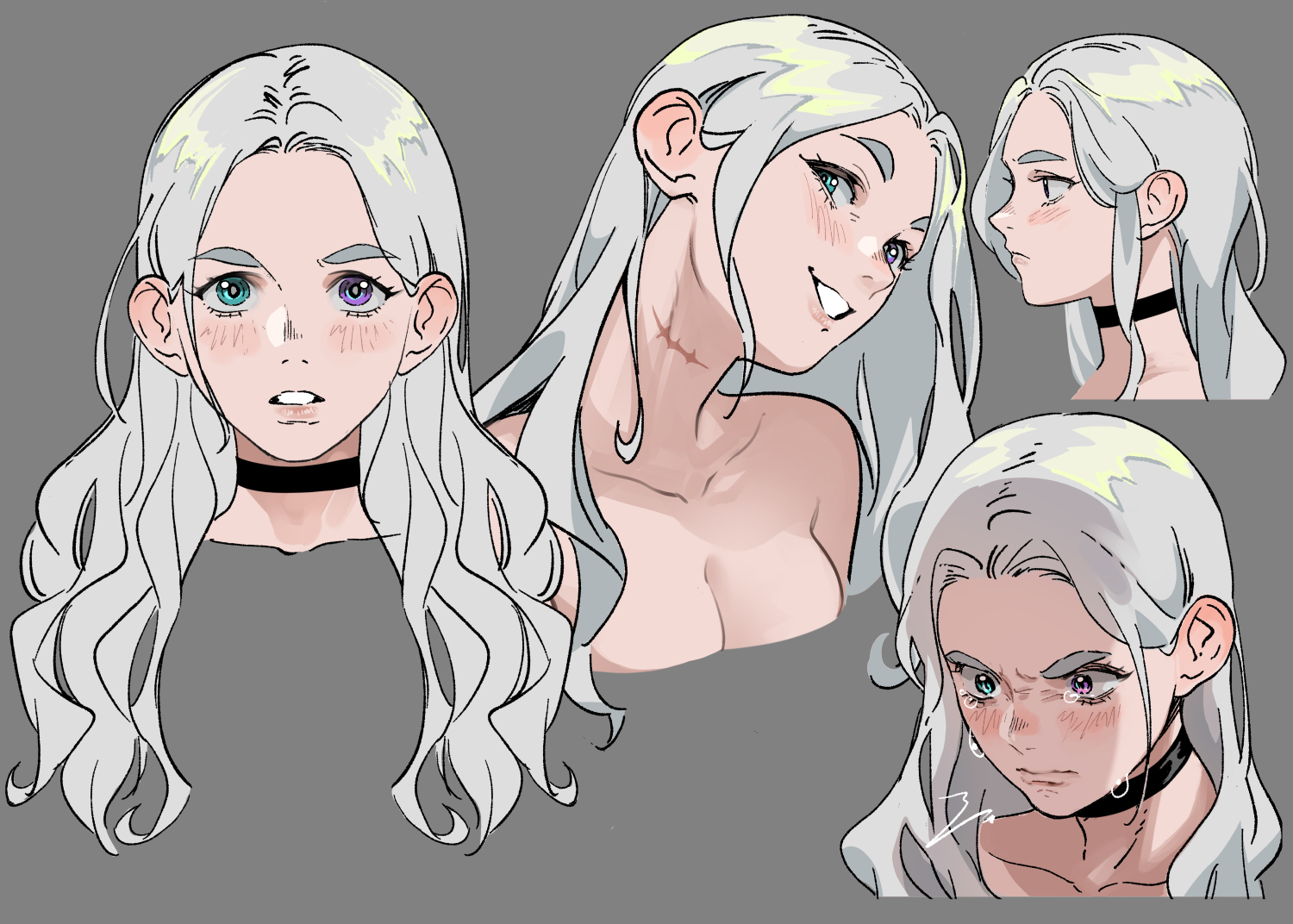 the image showcases a character design sheet featuring a young woman with long, wavy white hair.  the design includes multiple views of the character, illustrating different expressions and angles.  one view shows her happy and smiling, another sad and tearyeyed, a third with a neutral expression, and a fourth in profile.  the style is reminiscent of anime or manga, with soft shading and detailed features. the character has heterochromia iridum (different colored eyes). each view provides detailed facial features, hairstyles, and subtle differences in expression, offering a comprehensive representation of the character for animation or other visual media. the art is digital, and the color palette is muted and soft.