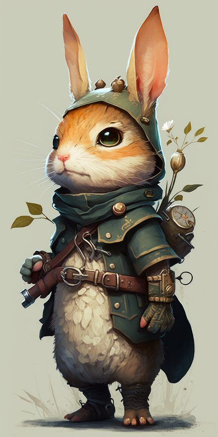 the image features a highly detailed, anthropomorphic rabbit character dressed as an adventurer. the rabbit has realistic features, including fur texture and expressive eyes. it wears a green tuniclike garment, a leather belt with metallic accents, and carries a steampunkinspired backpack with a small clock or gauge. the character also has a hood adorned with acornlike decorations. it stands on its hind legs, wearing simple boots or coverings on its feet. the background is a muted, natural color with hints of foliage and a gentle light. the overall style is a blend of realism and fantasy, reminiscent of a character from a fairy tale or whimsical adventure story.