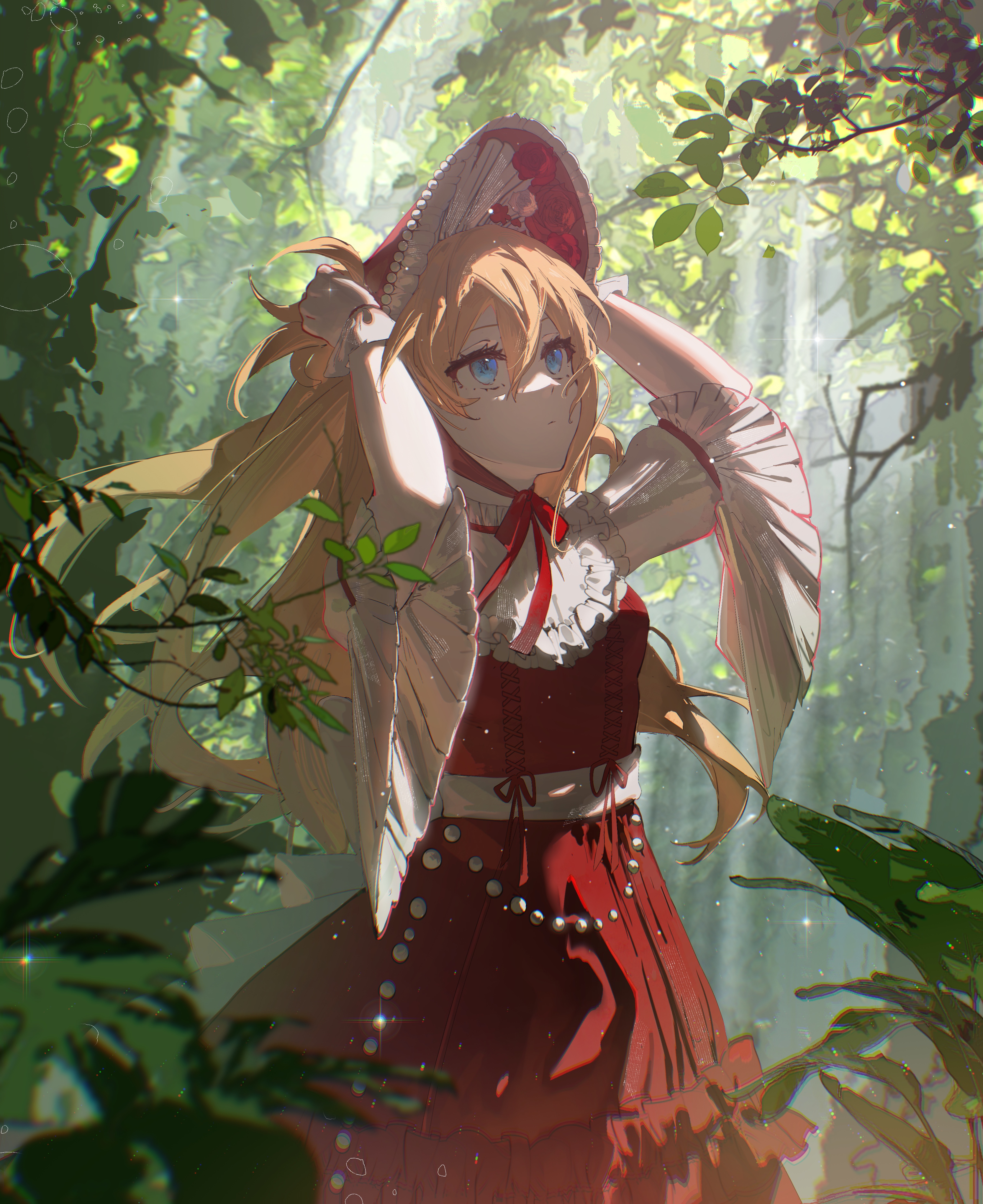 an anime girl with blonde hair and blue eyes is standing in a forest. she is wearing a red dress with white sleeves and a red bonnet. sunlight filters through the trees, illuminating her face. she is surrounded by lush green foliage.