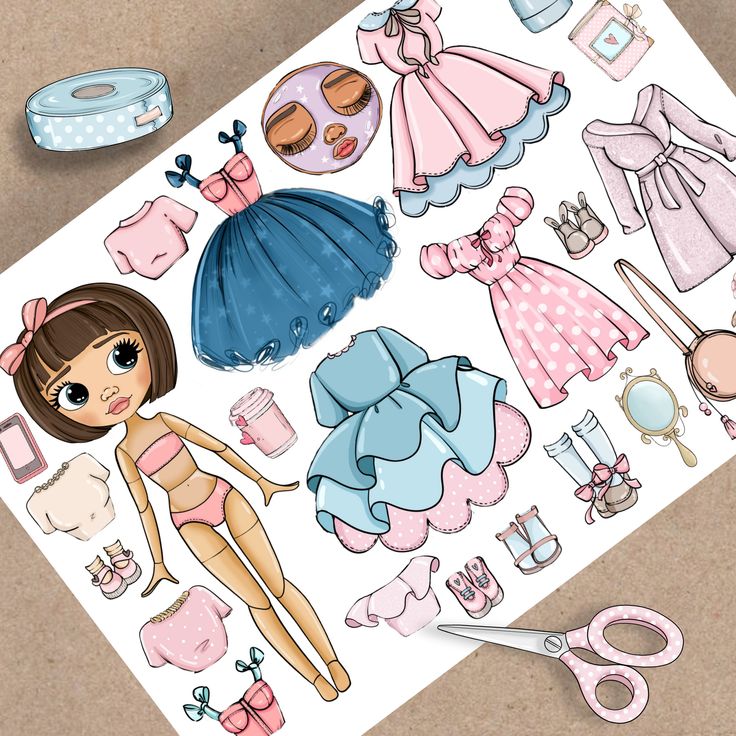 the image shows a paper doll with various clothing and accessories printed on a white sheet of paper. there are dresses in shades of pink and blue, along with shoes, handbags, cosmetic items, and a pair of scissors. the doll is in the bottom left corner, and all items appear to be designed for a paper doll game or craft activity. the style of the image is cartoonish and kawaii.