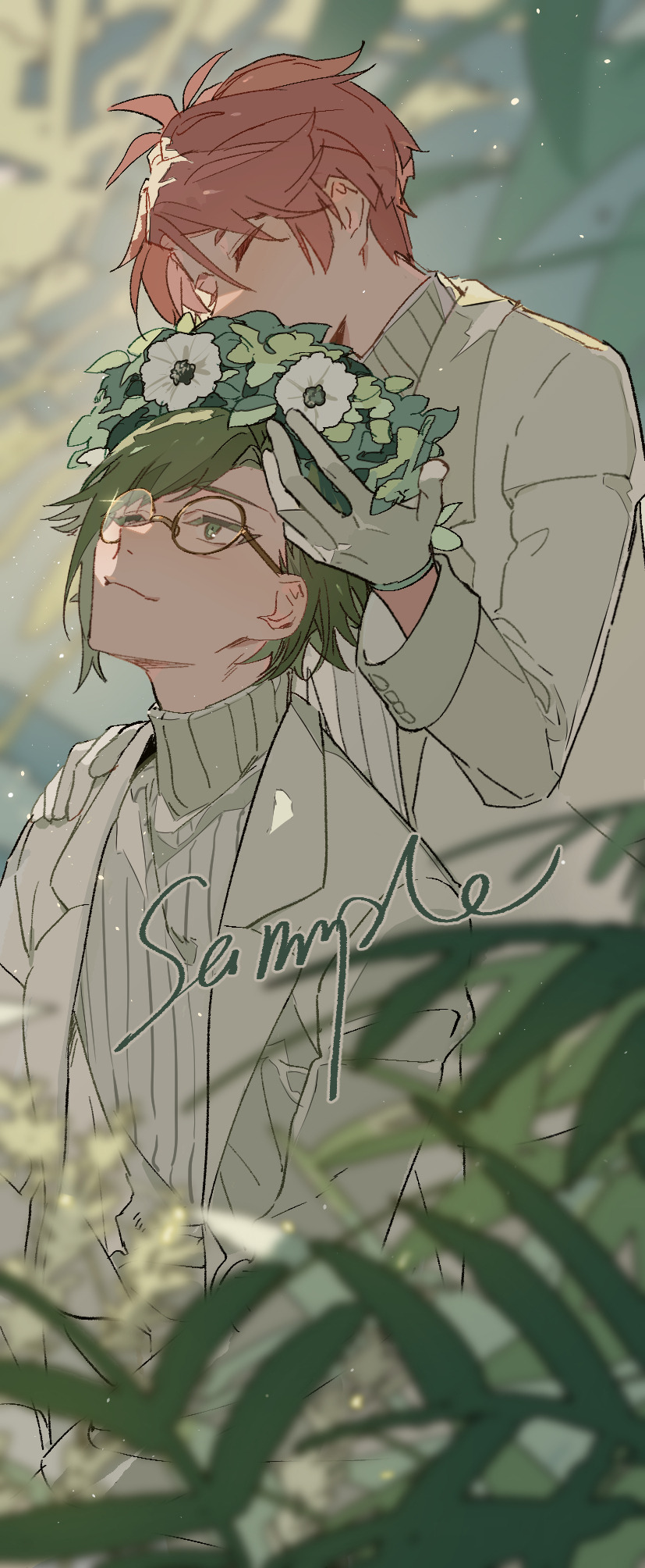 a digital anime illustration depicts two young men, one with red hair and the other with green, in a soft, muted color palette. the redhaired man stands behind the greenhaired man, placing a flower crown on his head. the greenhaired man gazes upward, wearing glasses and a white outfit with a turtleneck sweater. a green flower crown is adorned with white flowers and leaves. they both wear matching white outfits. a "sample" watermark is visible on the image, slightly obscuring the details. in the foreground, green foliage creates a sense of depth and immersion.