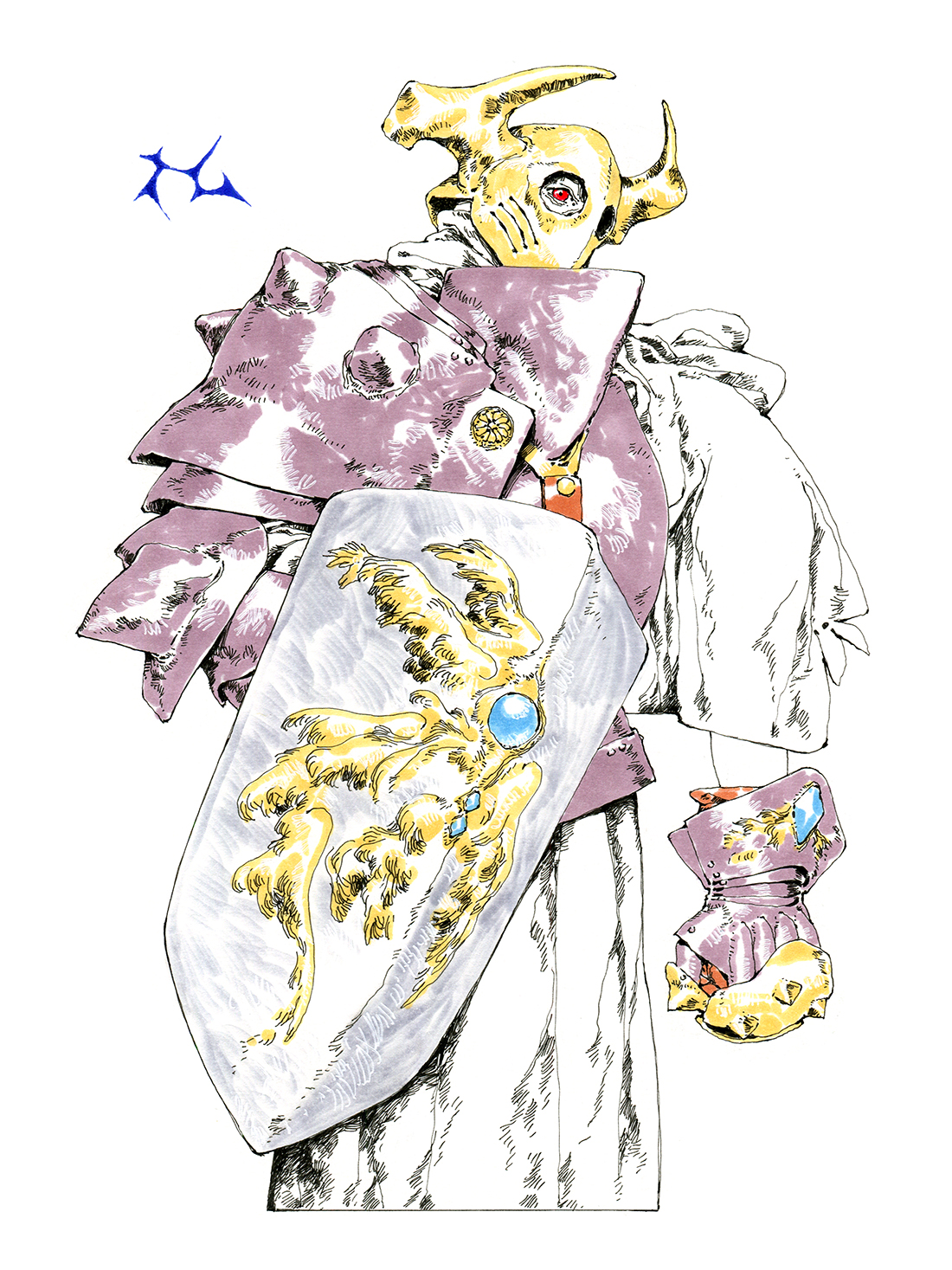 a fullbody illustration of a knight clad in ornate, fantastical armor. the knight's helmet obscures their face, revealing only a single glowing red eye. they hold a large shield adorned with a golden dragon design and carry a sword at their hip. the armor features intricate details and a muted color palette of purples, golds, and grays. the overall style suggests a character from a fantasy rpg or video game.