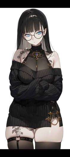 an anime girl with long black hair and blue eyes is wearing a black sweater and a black dress with stockings. she has tattoos on her arms and thighs, and is wearing a choker with a jewel. she looks at the camera with a serious expression. the background is white.