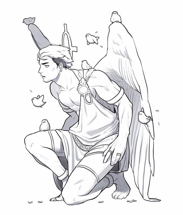 the image is a monochrome pencil sketch or digital drawing of a male figure with large feathered wings, reminiscent of an angel or mythological being. he's crouched or kneeling, his body muscular and slightly stylized.  he's wearing a garment resembling a short toga or robe, adorned with a necklace featuring a pendant that looks like an ankh symbol (egyptian cross). several small birds are perched on or near him, interacting with the figure. the style is clean, detailed and slightly ethereal, conveying a sense of calm and possibly divine or mythical power. the background is plain white, drawing focus entirely onto the central figure.